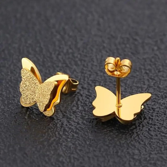 Gold Plated Double Layers Shining  Butterfly Stud Earing