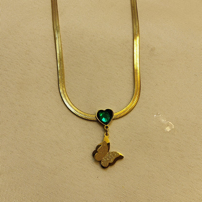 Snake Chain ButterFly Necklace With Beautiful Green Heart