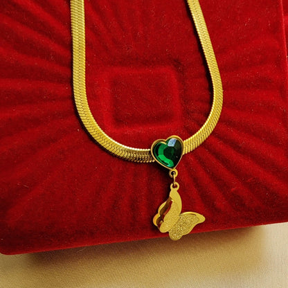 Snake Chain ButterFly Necklace With Beautiful Green Heart