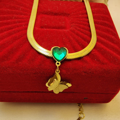 Snake Chain ButterFly Necklace With Beautiful Green Heart