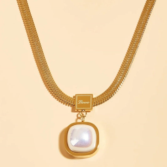 Pearl Pendant Square Titanium Steel Snake Bone Necklace (N13)